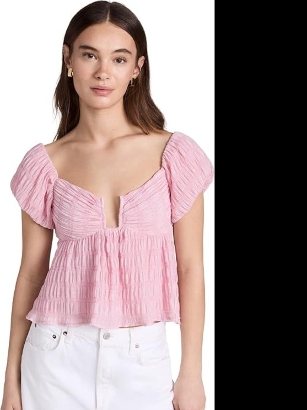 ASTR Nalda Top Square Neckline Puff Sleeves Smock Crop Top Tee